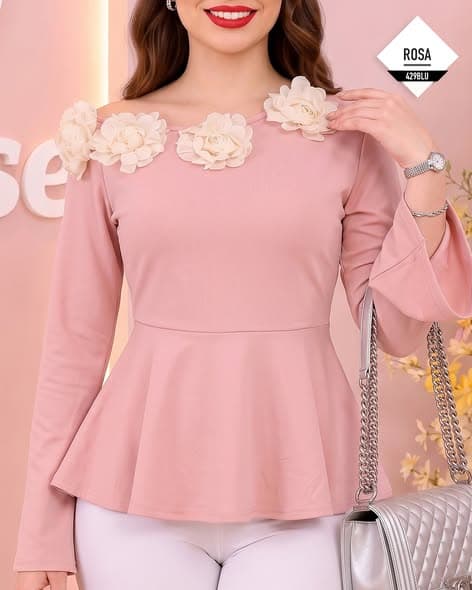Blusa rosa peplum con flores 3D